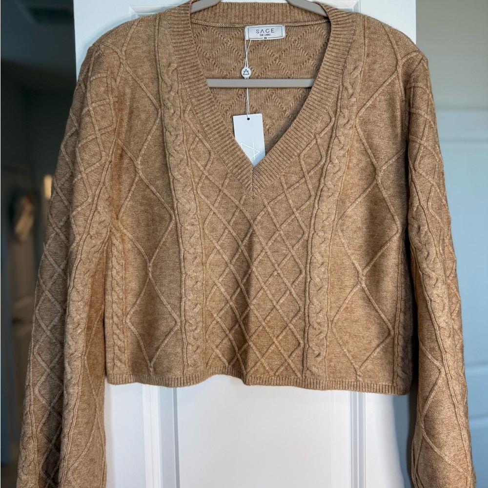 Sage Women's V-Neck Cable Knit Sweater in Tan